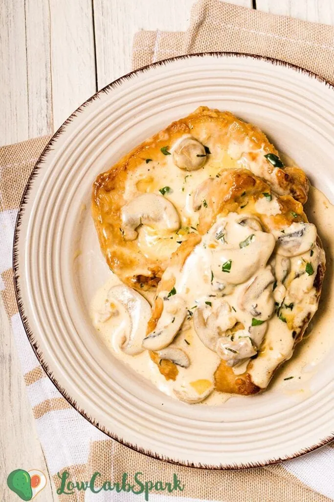 Pork Chops with Super Creamy Mushroom Sauce 6 Keto Pork Chops with Creamy Mushrooms Sauce is perfect for a super easy dinner. It’s ready to serve in less than 30 minutes and needs simple low carb ingredients. Think infused creamy garlic and herbs mushroom sauce with tender and juicy pan-seared pork chops.