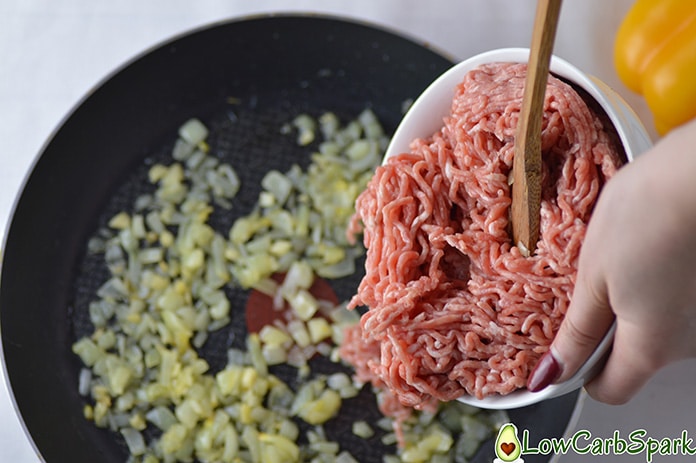 add the ground beef to the cooked keto onions