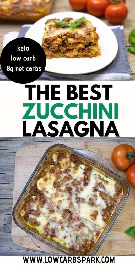This Zucchini Lasagna is a delicious way to enjoy the taste of lasagna and forget the carbs. We use zucchini in place of noodles. It's a naturally gluten-free, keto recipe with beautiful layers of vegetables, meat sauce, and cheese. This is the world's best zucchini lasagna that's baked to perfection and perfect for the entire family.
