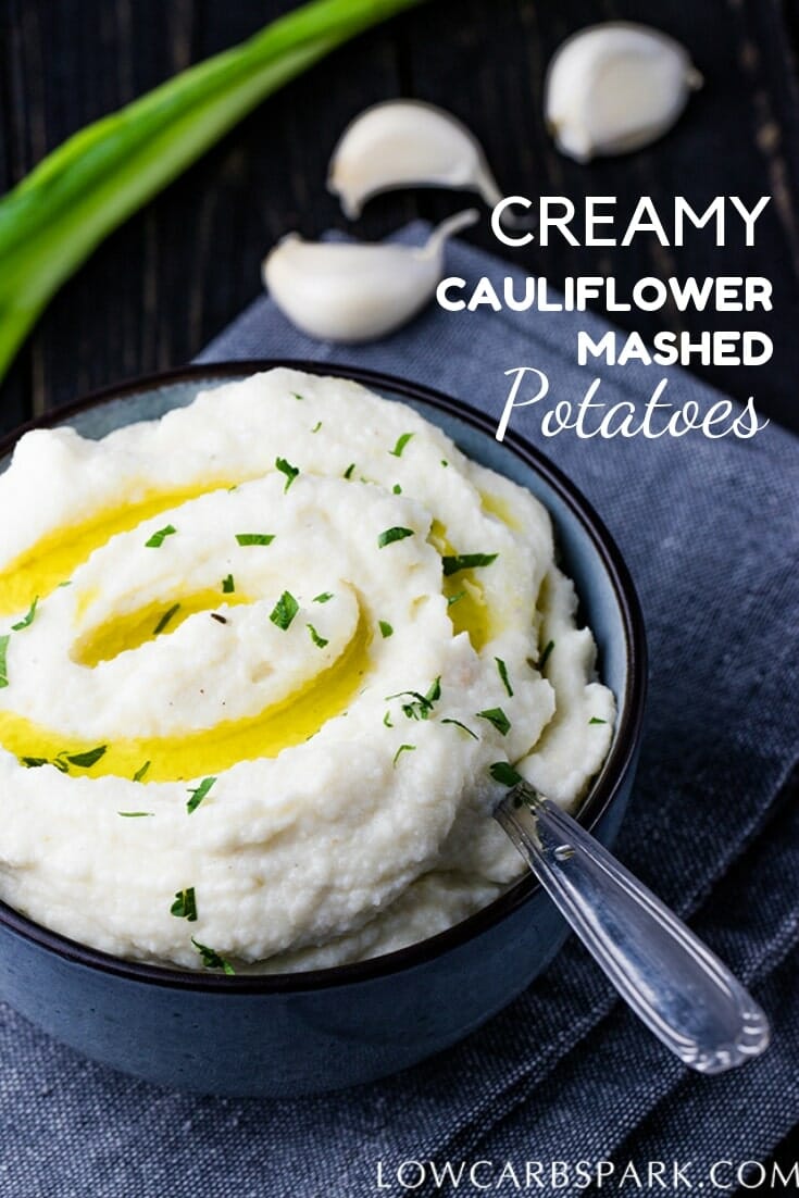 Cauliflower mashed potatoes are the best alternative to regular mashed potatoes. It's effortless to make, low in calories, low in carbs and needs only 5 ingredients. It's very simple to transform it into a vegan or paleo-friendly recipe. Perfect as a healthy side dish, with gravy for Thanksgiving or for Christmas. www.lowcarbspark.com | @lowcarbspark