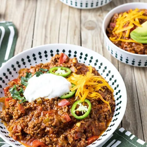 Keto Chili Recipe 7 serving keto chili in a large plate