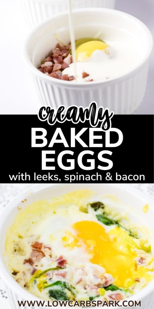 creamy baked eggs with leeks spinach and bacon pinterest image