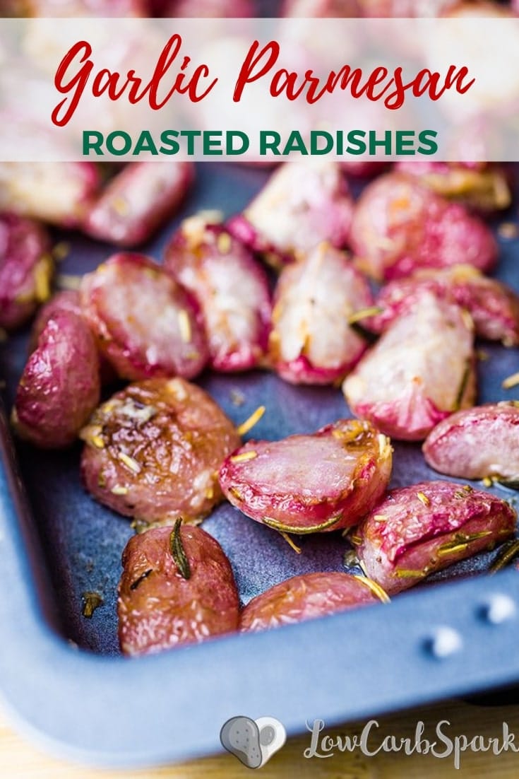 These garlic parmesan roasted radishes are infused with rosemary and are a great low carb alternative for potatoes. The perfect keto side dish and only 2g net carbs! via @lowcarbspark