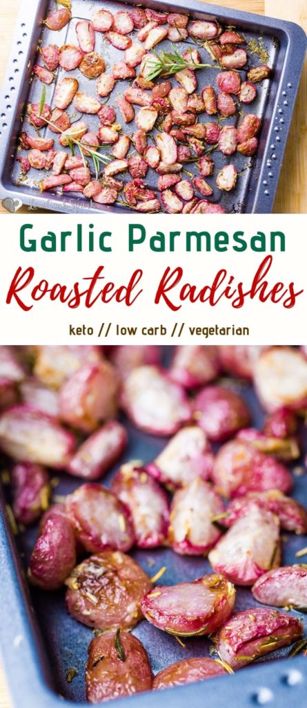 These garlic parmesan roasted radishes are infused with rosemary and are a great low carb alternative for potatoes. The perfect keto side dish and only 2g net carbs!