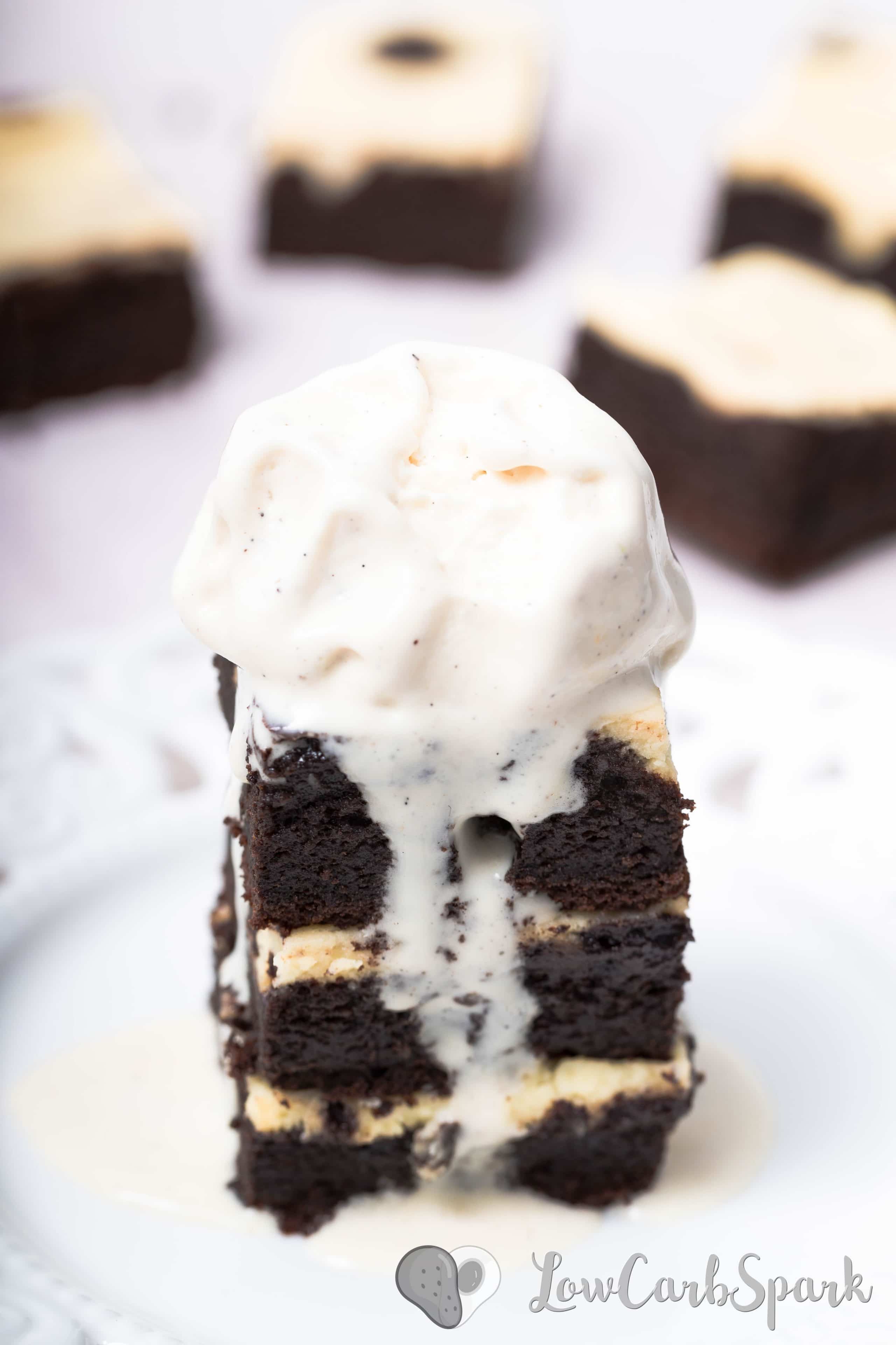 These Keto Cheesecake Brownies are the most delicious invention ever. Each square is insanely chocolatey, rich, fudgy and perfectly paired with a creamy cheesecake filling. And for only 1.5g carbs I think we have a pretty good deal!