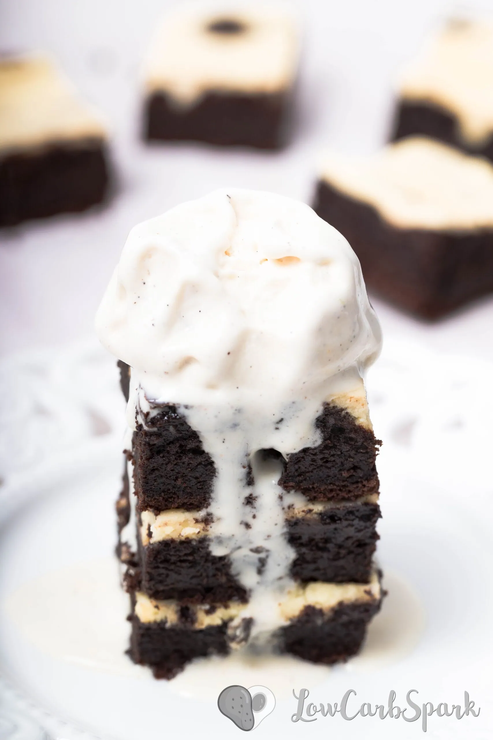 Keto Cheesecake Brownies 6 These Keto Cheesecake Brownies are the most delicious invention ever. Each square is insanely chocolatey, rich, fudgy and perfectly paired with a creamy cheesecake filling. And for only 1.5g carbs I think we have a pretty good deal!