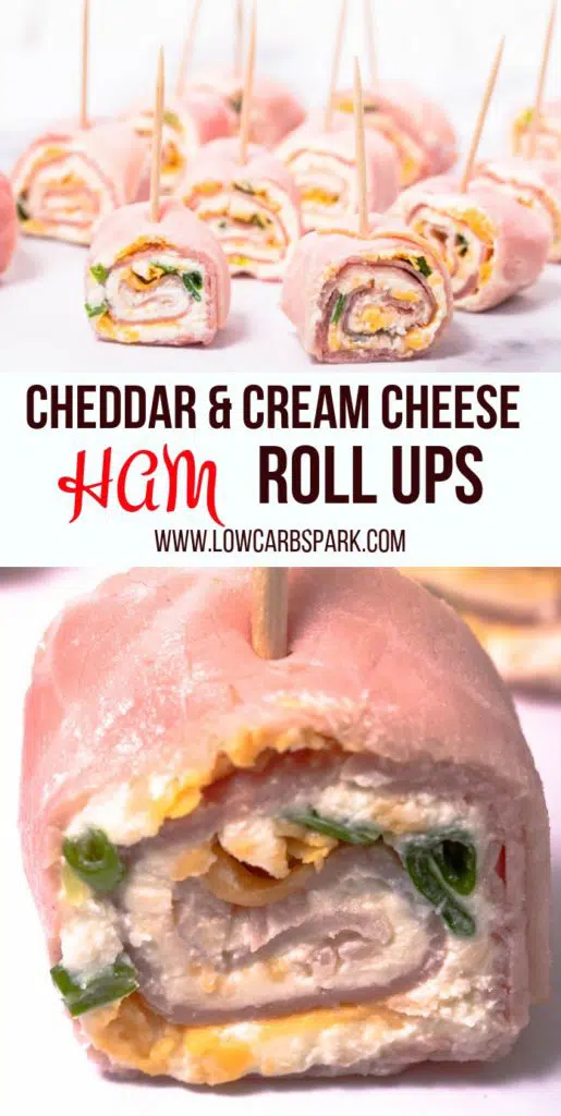 Cream Cheese and Cheddar Ham Roll Ups are easy to whip up party appetizers for any special gathering or holiday party! These Ham Roll ups are filled cream cheese, cheddar cheese, and green onion. Snack on these delicious ham roll-ups with every occasion possible