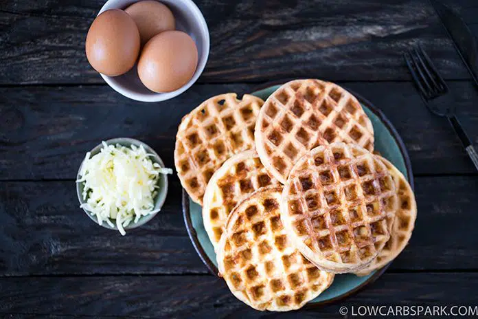 keto waffle with shredded cheese and eggs