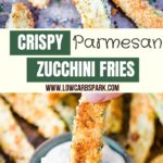 These crispy baked zucchini fries are delicious, satisfying, cheesy, and easy to make. Enjoy these fries as a keto healthy snack, appetizer or side dish for just 1.3g carbs a serving.