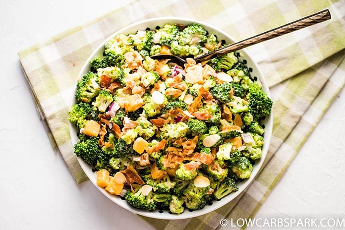 delicious broccoli salad recipe in a large white bowl