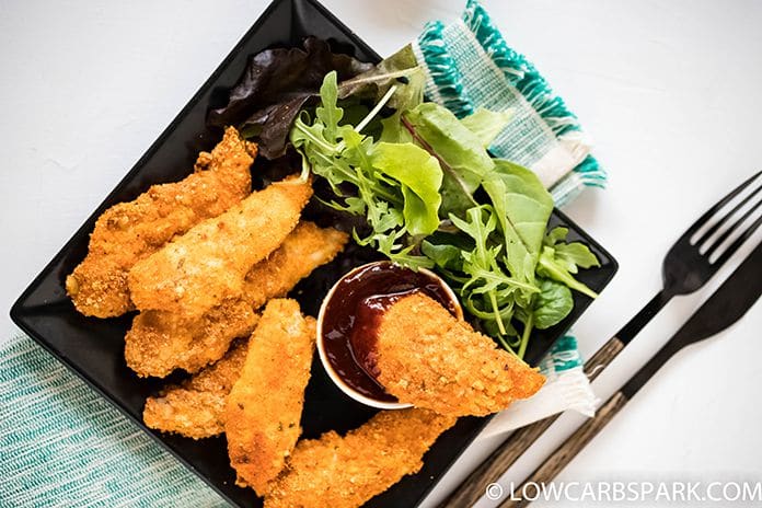 how to seve keto chicken tenders with salad and sugar-free barbeque sauce