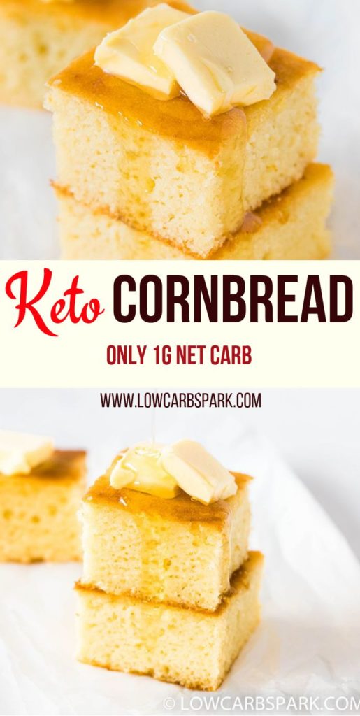 This Keto Cornbread is super fluffy, tender, and moist. It has the right amount of sweetness, making it fantastic for dipping into chili, soups or stews or top with butter and have it as a quick snack. At only 1g net carbs per serving, this almond flour cornbread is super soft in the middle with buttery and crunchy edges.