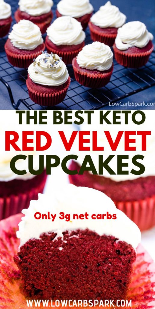 The Best Keto Red Velvet Cupcakes are fluffy, buttery, and moist. They are perfect topped with a luscious cream cheese frosting. A super festive keto recipe that's easy to make with almond flour and coconut flour. #redvelvet #ketodesserts
