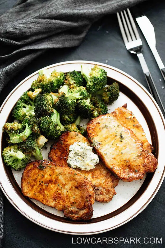 Air Fryer Pork Chops and Crispy Garlic Broccoli 6 airfryer pork recipe topped with flavored butter