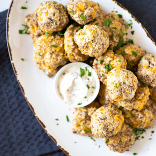 The most delicious sausage balls served with ranch dressing