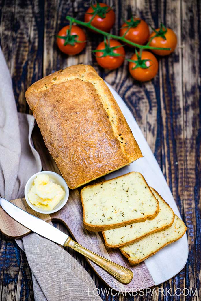 This bread is unique because it's loaded with Italian seasonings, a combo of low carb flours, cream cheese, and melted butter and has zero eggy taste.