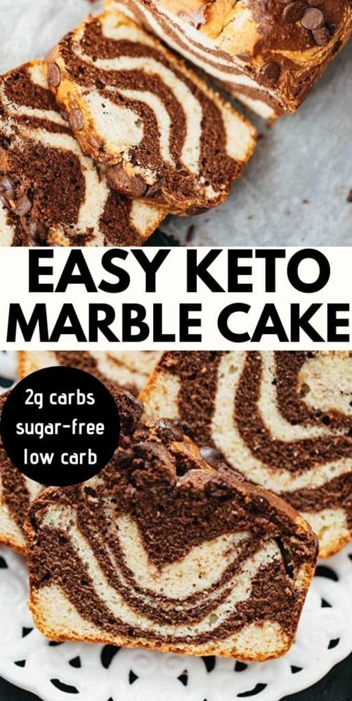 This Keto Marble Pound Cake is a low carb bread that's super moist, buttery, and holds up well. It's the perfect dessert or snack quick snack in between meals. This fabulous marble cake is gluten-free, grain-free, and sugar-free.