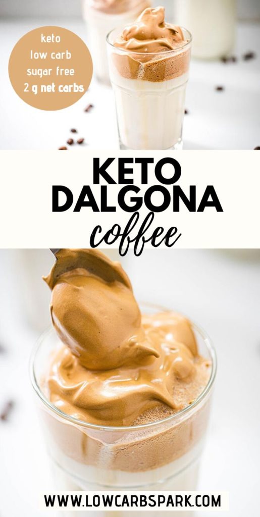 Keto Dalgona Coffee, also called Whipped Cream, is a silky 5 ingredients coffee made with instant coffee and low carb sweetener. The best part is making a fancy creamy coffee at home that's aesthetically pleasing and super tasty. The recipe calls for a 1:1:1 ratio of instant coffee, sweetener, and hot water, whipped either with a mixer or by hand, then poured over ice and milk. Recipe via @lowcarbspark!