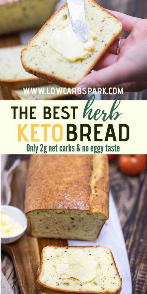 Keto Herb Bread - A slice of keto bread topped with butter is what I love. Try this delicious and easy to make low carb bread with almond flour, coconut flour for the best texture and no eggy taste bread, perfect for sandwiches. Can you believe it's only 2g net carbs per slice? #ketobread #ketorecipes #glutenfree Recipe via @lowcarbspark