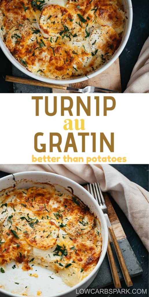 This turnip au gratin is simply made with thinly sliced turnips, heavy cream, and grated cheese, and it's ultimate comfort food. This turnip gratin is super rich, creamy, and comforting. It's the perfect side dish for holiday dinners and extremely easy to whip up. Are you missing potatoes on a low carb intake? Well it's time to discover this fantastic vegetable: turnip that has only 4g net carbs per cup and tastes exactly like potatoes.