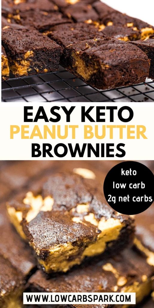 These are the best Keto Peanut Butter Brownies! Fudgy keto brownies made with almond flour and topped with a peanut butter layer. Enjoy the most decadent, rich, and gooey dessert. Naturally, gluten-free brownies that are ready in under 30 minutes and only 2g net carbs per serving. Recipe via @lowcarbspark | lowcarbspark.com