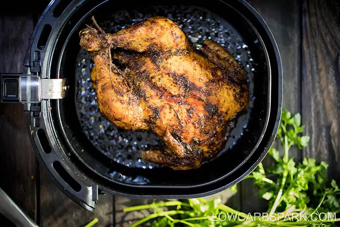 This easy Roasted Air Fryer Whole Chicken is juicy with amazing crispy and delicious skin. With just a few ingredients and minimal preparation, you can enjoy perfectly cooked rotisserie chicken in under one hour. It’s the best chicken with crispy skin and perfect for a busy weeknight dinner.