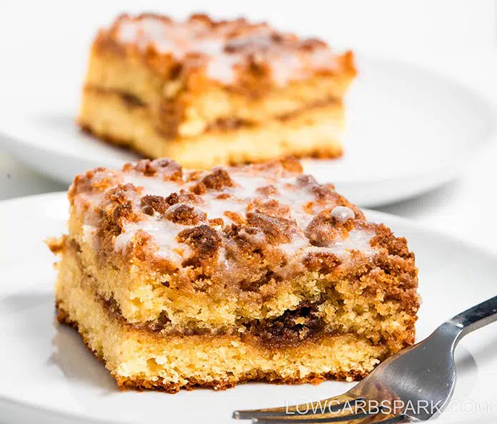 The Best Keto Coffee Cake 2 The Best Keto Coffee Cake Recipe that’s super decadent, moist, delightful, and easy to make in under 30 minutes. This is a crowd-pleasing coffee cake with a sweet cinnamon layer in the middle and a buttery, crispy streusel crumb topping. Top it off with my simple sugar-free glaze and enjoy with your morning coffee.