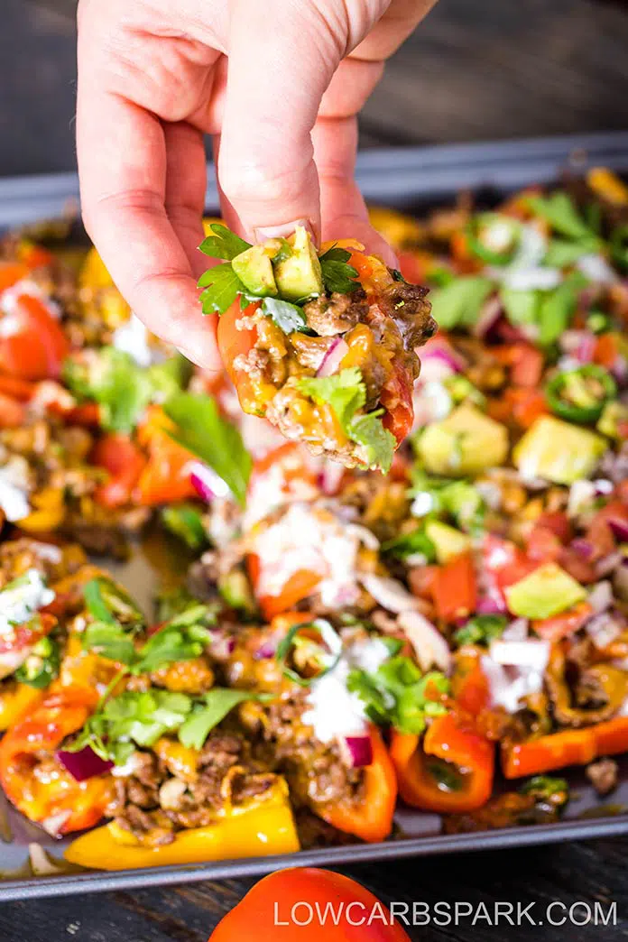 Low Carb Nachos with Mini Peppers - 6g Carbs 3 Low Carb Nachos with peppers is perfect for your next gathering. So easy to make, this effortless recipe is ready in under 25 minutes and successfully replaces the high carbs original loaded nachos.