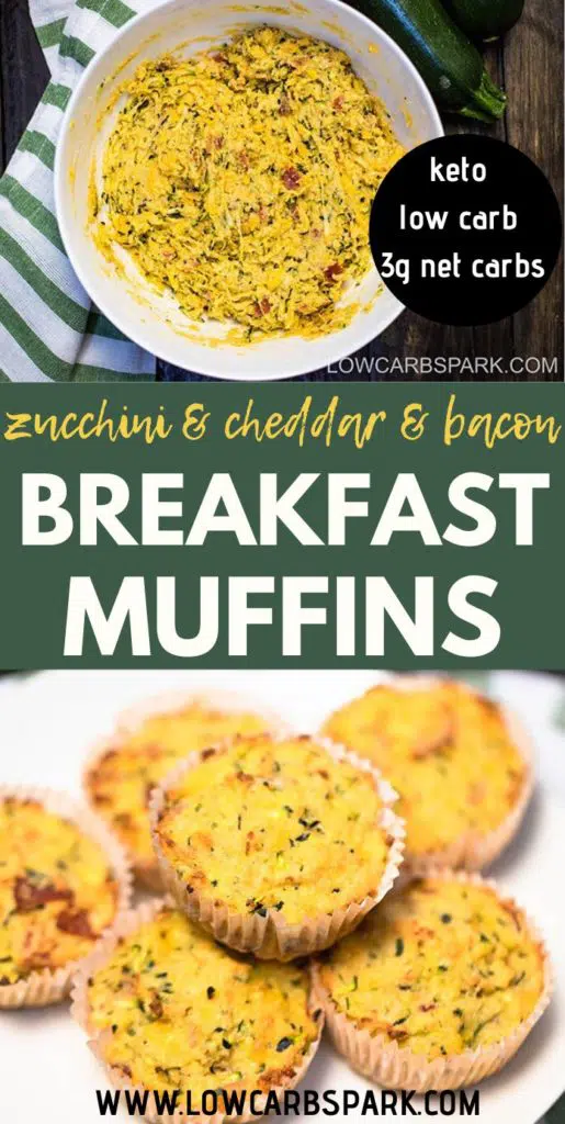 These Zucchini Savory Muffins are absolutely terrific and need only simple low carb ingredients such as zucchini, eggs, cheese, and bacon. You have to try this perfect on the go low carb breakfast. They are keto zucchini muffins with a garlicky taste, moist inside, and the best crispy golden top. Recipe via @lowcarbspark | lowcarbspark.com