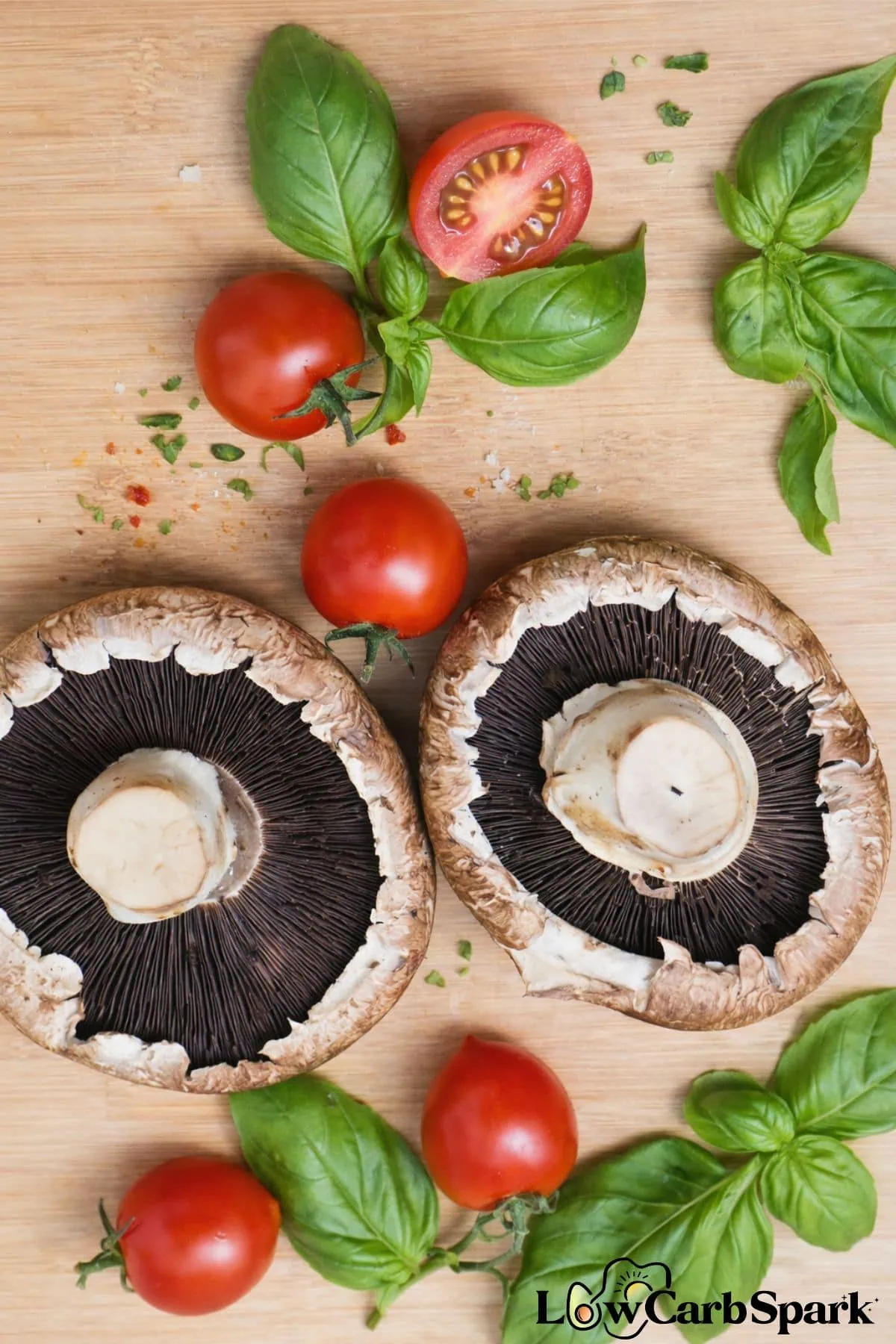 10-Minute Portobello Mushroom Pizza 3 Ingredients for portobello mushroom pizza on a wooden cutting board