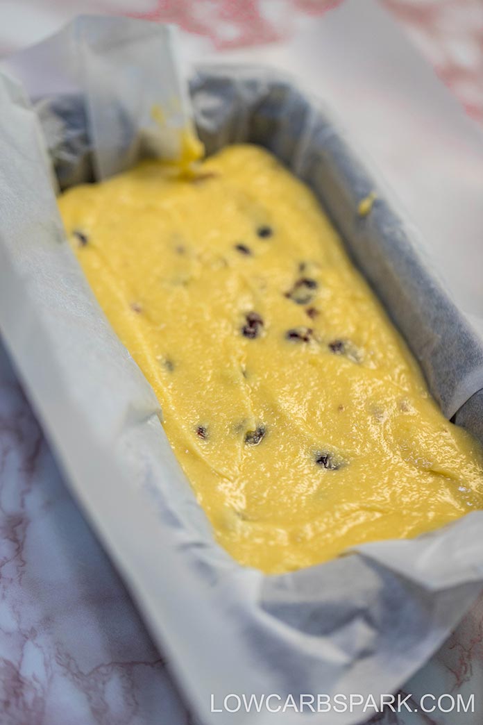 Keto cranberry bread batter in a loaf pan before baking