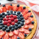 best keto fruit pizza decorated with berries and cream cheese frosting