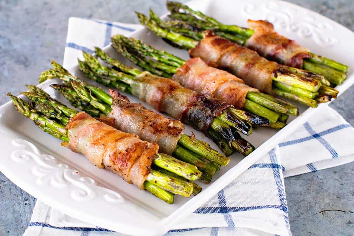 Grilled Bacon Wrapped Asparagus on Platter