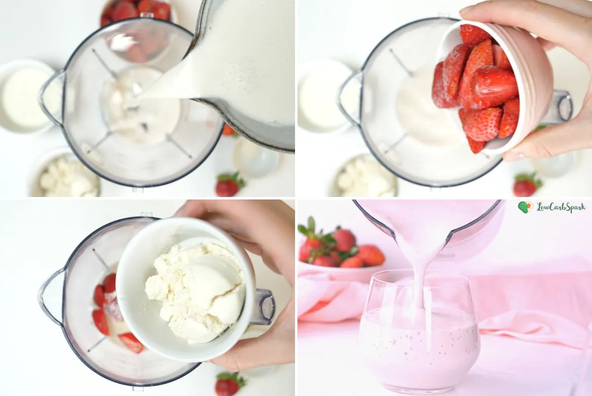 High Protein Strawberry Smoothie 3 step by step picture instructions to make the best keto smoothie