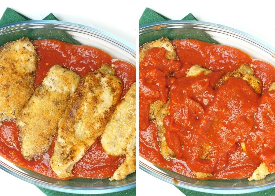 assemble the chicken parmesan in layers