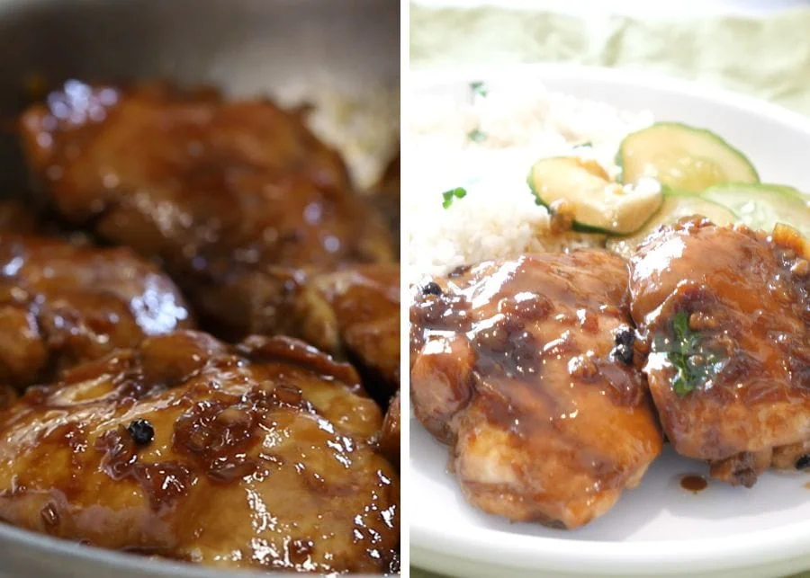 Filipino Chicken Adobo (Keto & Low Carb) 6 cooked chicken adobo in the pan and served on a plate