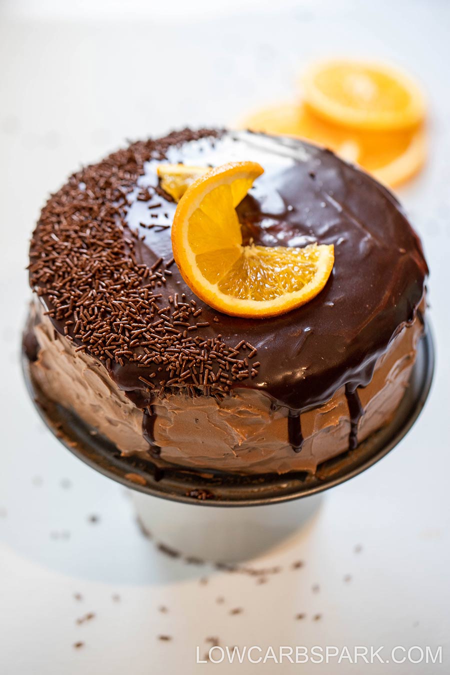 keto chocolate cake with orange frosting