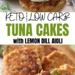 These keto tuna cakes are made with juicy canned tuna and served with a delicious lemon dill aioli sauce. They are super easy to make, ready in 20 minutes with simple ingredients. Plus, these tuna patties are gluten-free, sugar-free, and grain-free.