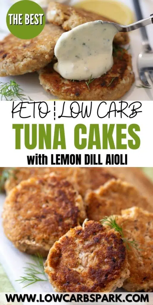 These keto tuna cakes are made with juicy canned tuna and served with a delicious lemon dill aioli sauce. They are super easy to make, ready in 20 minutes with simple ingredients. Plus, these tuna patties are gluten-free, sugar-free, and grain-free.