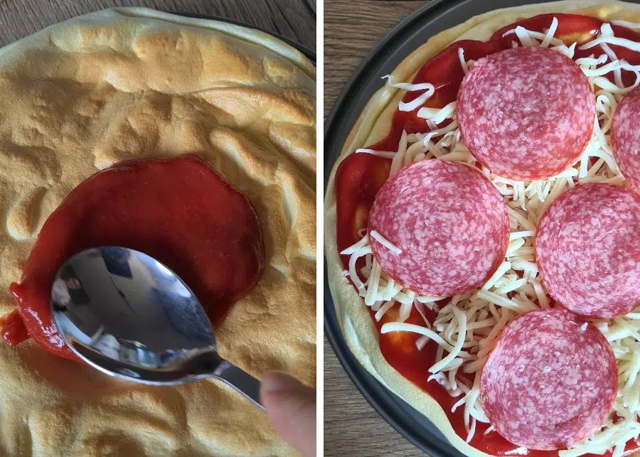 High Protein Low Carb Pizza Crust 5 Adding pizza sauce and shredded mozzarella to the baked protein crust