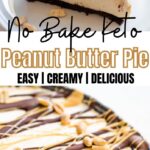 Peanut butter fans will go crazy for this keto peanut butter pie. Sugar-free oreo like crust, creamy peanut butter filling topped with dark chocolate, and peanut butter drizzle. Try eating just one slice of this decadent and delicious No-Bake Keto Low Carb Peanut Butter Pie!