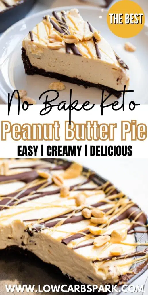 Peanut butter fans will go crazy for this keto peanut butter pie. Sugar-free oreo like crust, creamy peanut butter filling topped with dark chocolate, and peanut butter drizzle. Try eating just one slice of this decadent and delicious No-Bake Keto Low Carb Peanut Butter Pie!