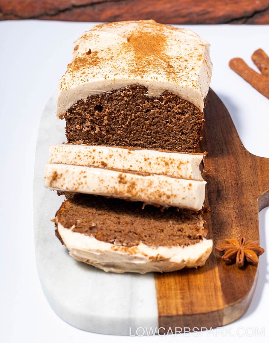 keto gingerbread loaf cake recipe with cinnamon frosting