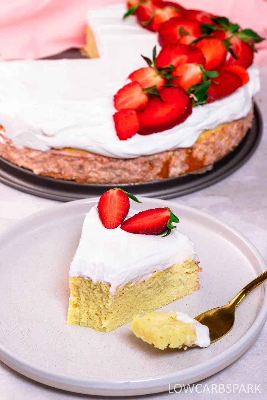 Keto tres leches cake slice on a plate