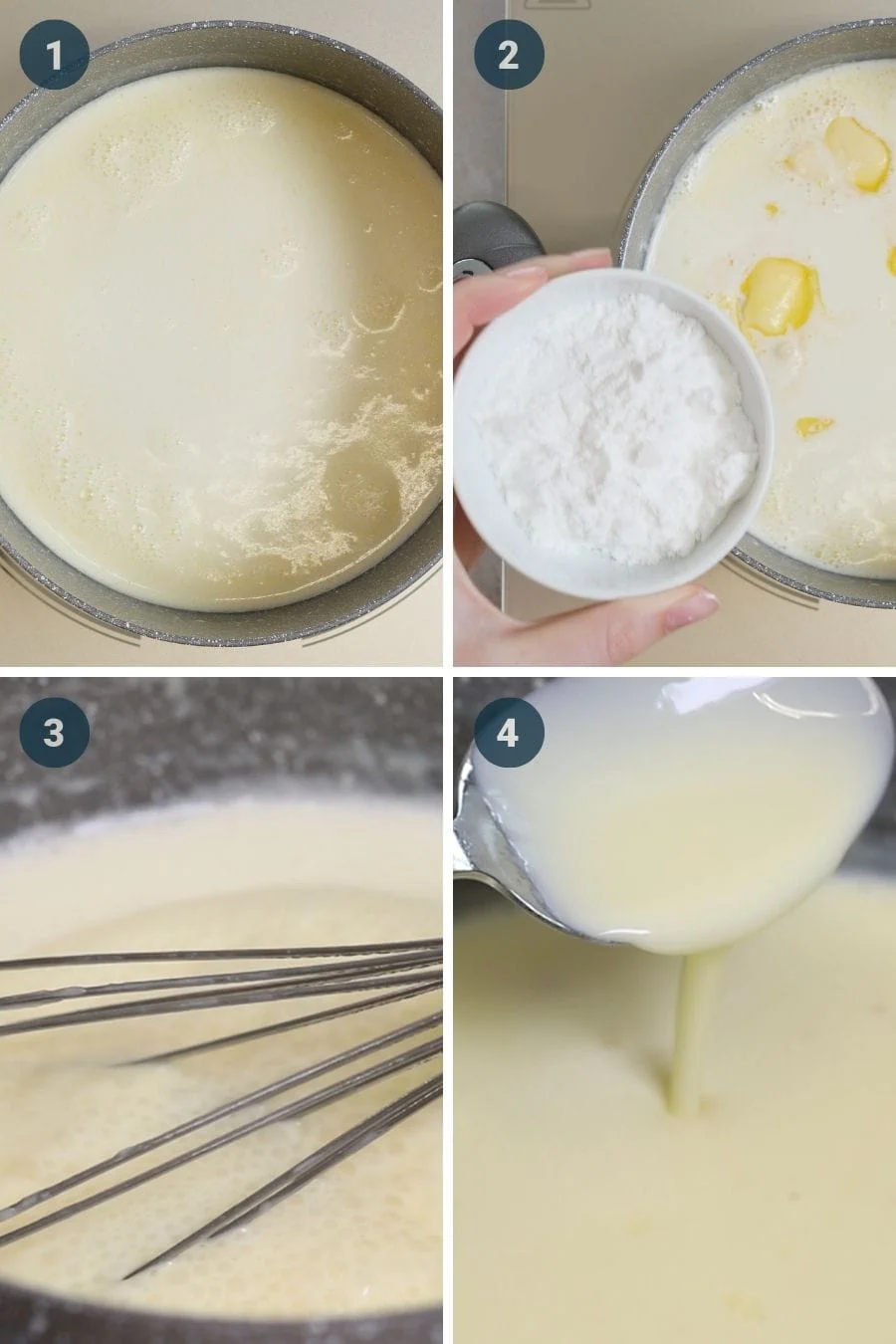 Keto Condensed Milk 5 Step-by-step process of making keto condensed milk, from heating heavy cream, adding butter and sweetener, simmering until thick, to pouring the creamy sugar-free condensed milk into a glass jar with a gold spoon.