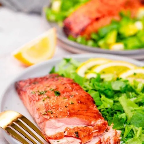 Air Fryer Salmon 10 Air Fryer Salmon on a plate with a side salad