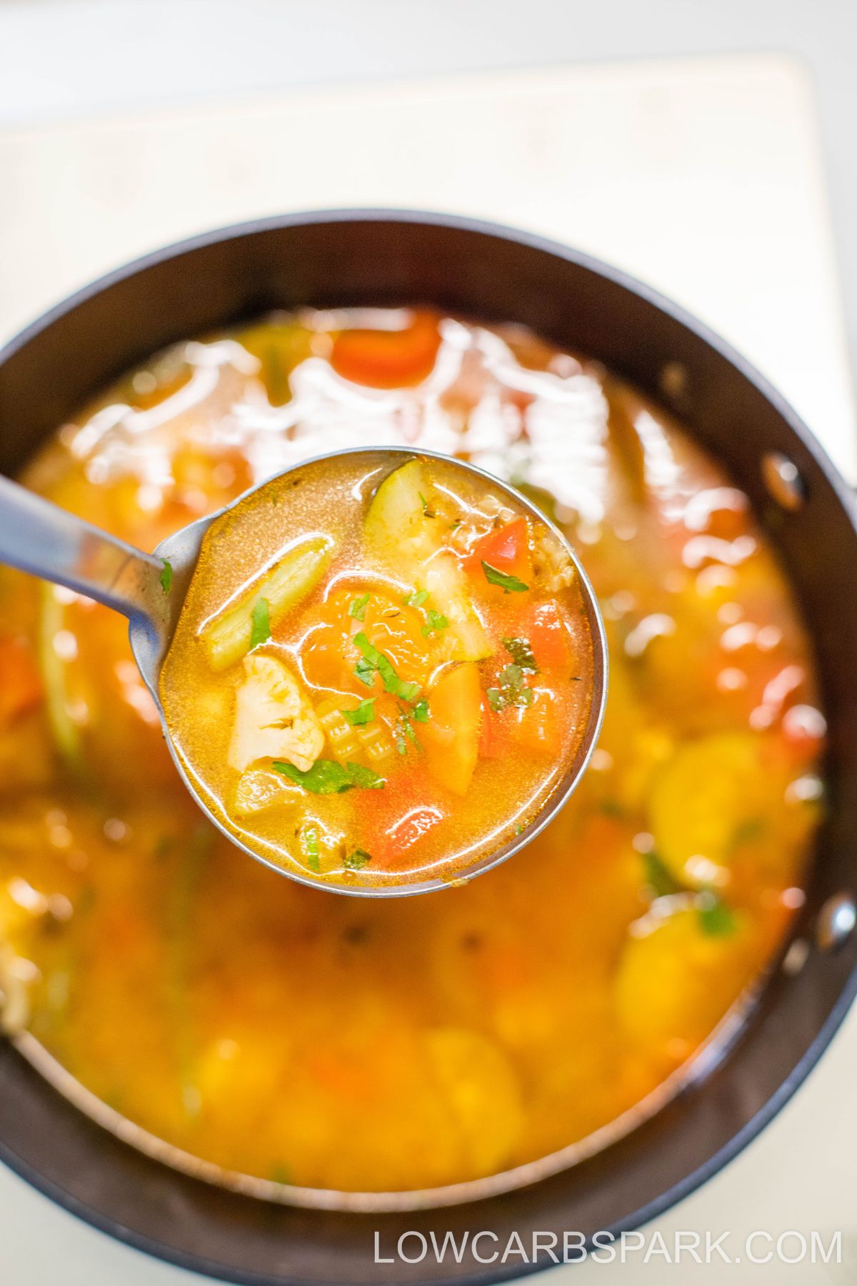 vegetable soup in a ladle