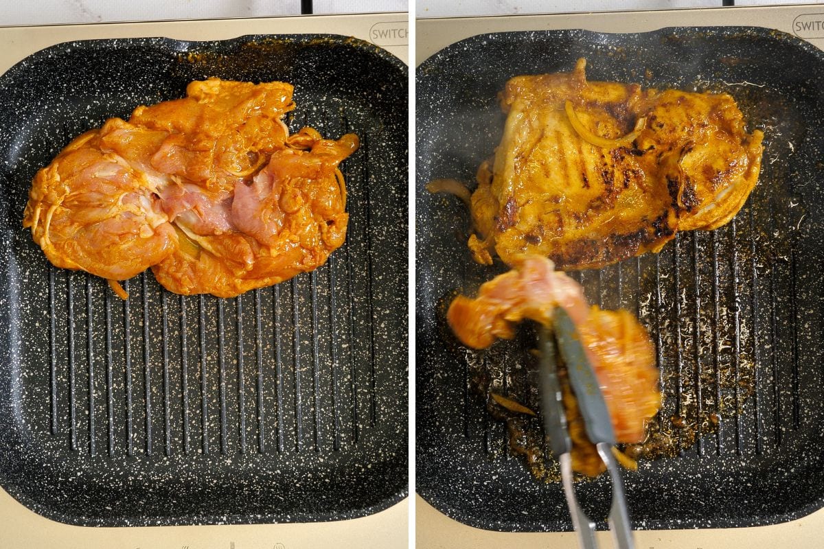 Easy Chicken Shawarma 9 Chicken thighs cooking in a hot grill pan until golden and lightly charred.
