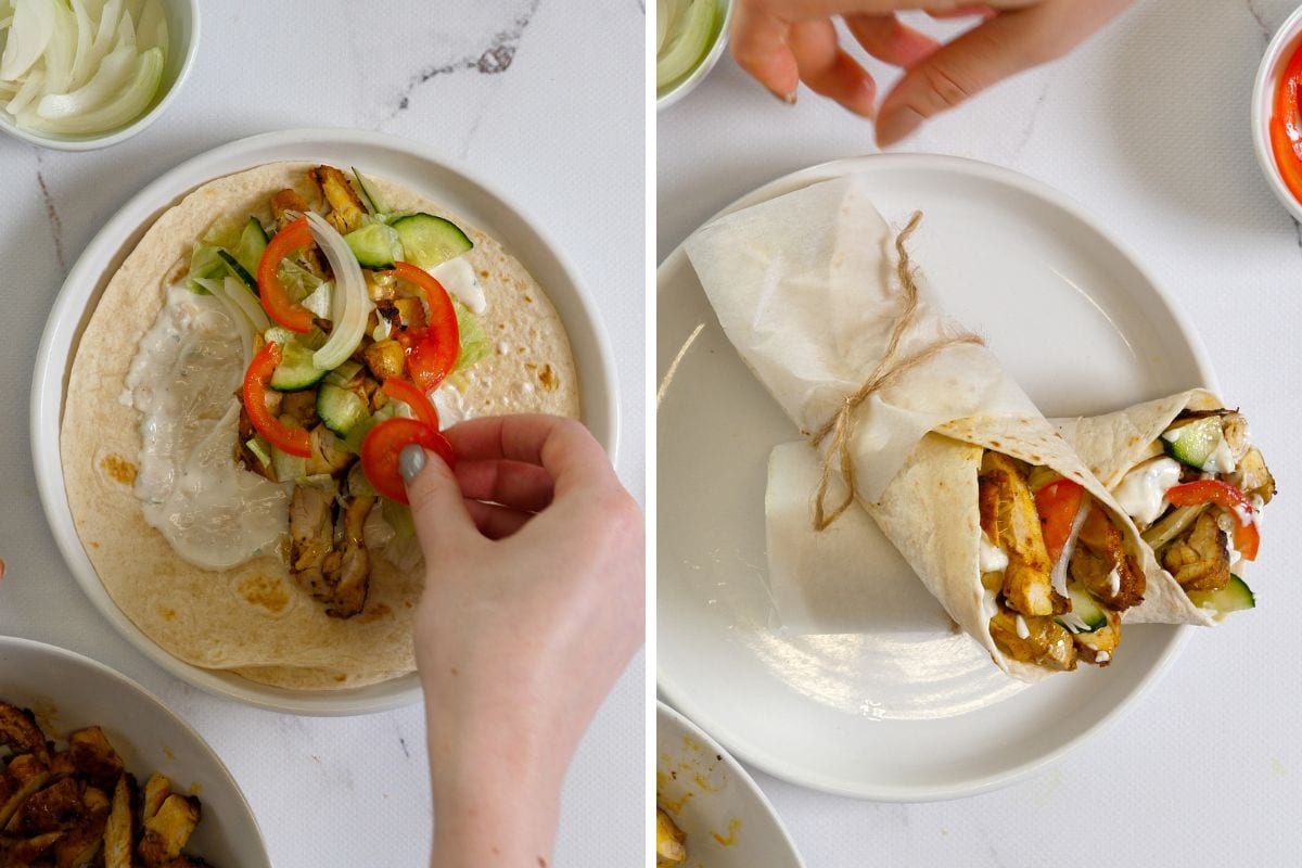 Easy Chicken Shawarma 10 Chicken shawarma wrap being filled with sliced chicken, fresh vegetables, and yogurt sauce.
