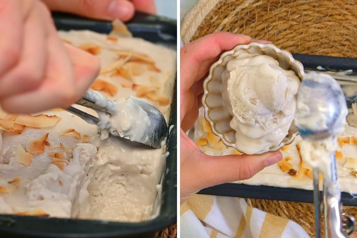 Coconut Milk Ice Cream 5 scooping and serving the ice crema in a nice bowl